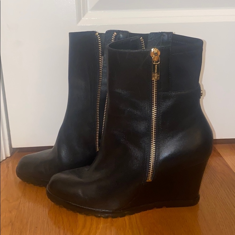 Michael Kors Black Leather Wedge Ankle Boots with Gold Zipper Detail